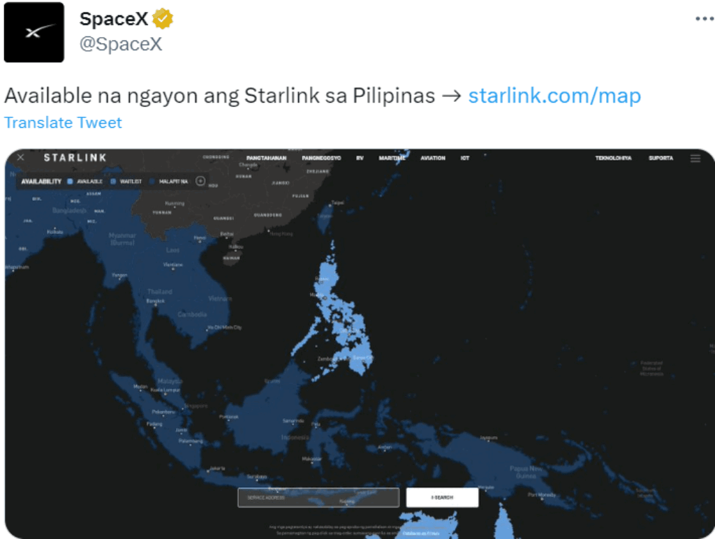 Starlink Map and Elon Musk Filipino-language tweet on Internet Availability in the Philippines