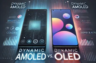Dynamic AMOLED vs. OLED display comparison with two smartphones side by side, showcasing brighter colors and deeper blacks.