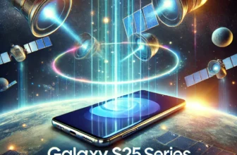 A sleek Galaxy S25 smartphone emitting glowing satellite signals into space, surrounded by orbiting satellites and a cosmic background with Earth in the distance. The text reads 'Galaxy S25 Series – Satellite Communication Redefined,' highlighting advanced connectivity and innovation.