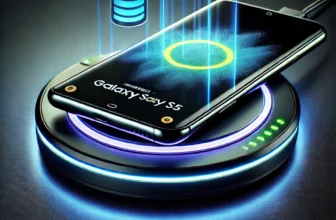 Samsung Galaxy S25 Ultra on a Qi 2.1 wireless charger with glowing indicators, showcasing fast and efficient charging. The phone screen displays a charging animation with battery percentage, set against a futuristic dark background with blue neon lighting effects.
