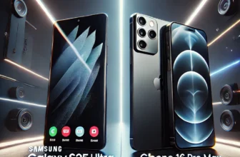 Samsung Galaxy S25 Ultra and iPhone 16 Pro Max side-by-side comparison, highlighting sleek designs, camera setups, and advanced features with a futuristic gradient background.