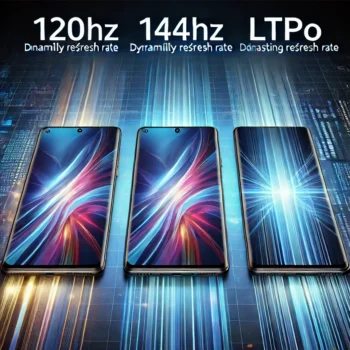 Comparison of 120Hz, 144Hz, and LTPO display technologies, showcasing three modern smartphones with smooth motion effects