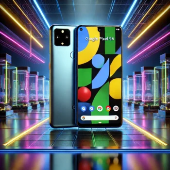 The newly launched Google Pixel 9a showcased on a sleek digital platform with its modern flat-edge design, 120Hz display, and AI-powered camera.