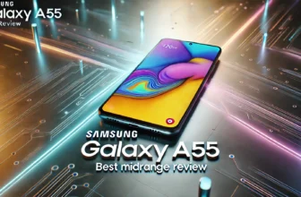 Samsung Galaxy A55 showcased with a vibrant 120Hz AMOLED display, aluminum frame, and 50MP OIS camera, set against a futuristic tech background.