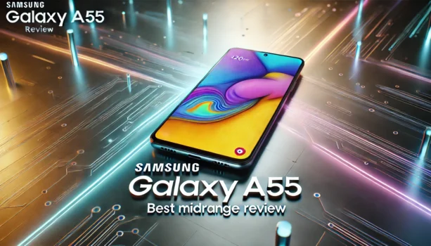 Samsung Galaxy A55 showcased with a vibrant 120Hz AMOLED display, aluminum frame, and 50MP OIS camera, set against a futuristic tech background.