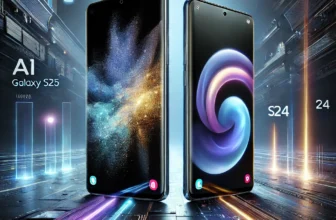 A side-by-side comparison of the Samsung Galaxy S25 and S24, highlighting differences in design, display, camera, and performance against a futuristic digital background.