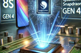 Snapdragon 8s Gen 4 chip launch with glowing chipset, Android phone, and high-tech circuit board in digital blue tones.