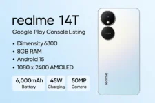 Realme 14T Google Play Console listing – smartphone with specs including Dimensity 6300, 8GB RAM, Android 15, and AMOLED display