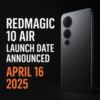 Official RedMagic 10 Air launch teaser image showing a sleek smartphone design and April 16, 2025 release date on a dark futuristic background.