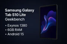 Samsung Galaxy Tab S10 Lite Geekbench listing showing key specs like Exynos 1380 chipset, 6GB RAM, and Android 15 interface.
