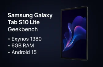 Samsung Galaxy Tab S10 Lite Geekbench listing showing key specs like Exynos 1380 chipset, 6GB RAM, and Android 15 interface.