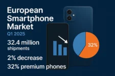 European Smartphone Market Q1 2025 infographic showing 32.4 million shipments, 2% decline, and 32% premium phone sales