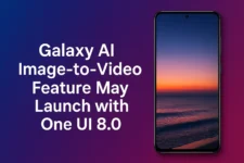 Samsung Galaxy smartphone showcasing the Galaxy AI image-to-video feature on a vibrant sunset screen, with a blue-to-magenta gradient background and bold launch announcement.