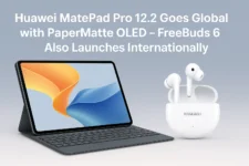 Huawei MatePad Pro 12.2 and FreeBuds 6 global launch – showcasing a tablet with keyboard and wireless earbuds against a soft blue gradient background.