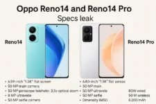 Oppo Reno14 and Reno14 Pro phones shown in press images ahead of launch with detailed spec sheet in background