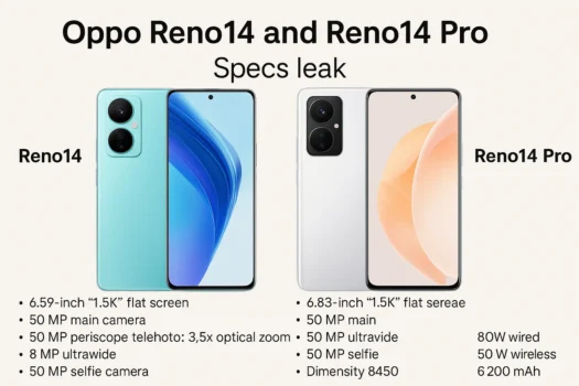 Oppo Reno14 and Reno14 Pro phones shown in press images ahead of launch with detailed spec sheet in background