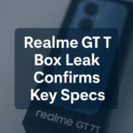 Realme GT 7T box leak image with headline confirming key specs like battery, camera, and display features