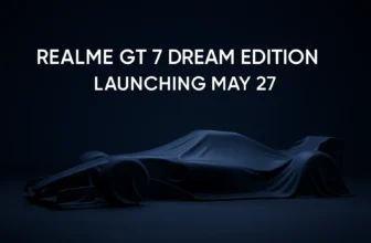 Realme GT 7 Dream Edition launch poster with covered Formula 1 car and May 27 release date on a dark blue background