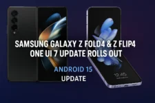 Samsung Galaxy Z Fold4 and Z Flip4 shown side by side with text announcing the One UI 7 Android 15 update rollout in Europe.