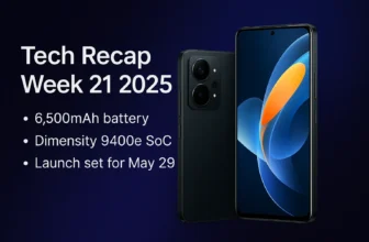 Tech Recap Week 21 2025 featuring vivo S30, Xiaomi 15S Pro, and Huawei MateBook Fold on dark gradient background