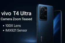 vivo T4 Ultra camera zoom teaser image showing phone with 100X lens and IMX921 sensor