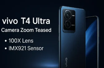 vivo T4 Ultra camera zoom teaser image showing phone with 100X lens and IMX921 sensor