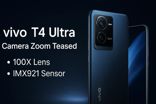 vivo T4 Ultra camera zoom teaser image showing phone with 100X lens and IMX921 sensor