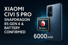 Xiaomi Civi 5 Pro featuring Snapdragon 8s Gen 4 chip and 6000mAh battery, displayed with a sleek design and chipset icon on a tech-themed background.