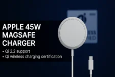 Apple’s upcoming 45W MagSafe charger on display, featuring a sleek round design and USB-C cable, with Qi 2.2 wireless charging certification