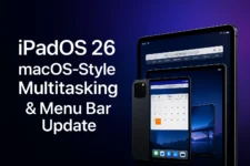 iPadOS 26 promotional image showing macOS-style multitasking with Safari and Calendar apps on an iPad Pro