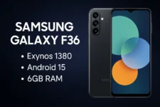 Samsung Galaxy F36 Google Play Console listing image with triple camera design and feature highlights on a dark gradient background