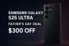 Samsung Galaxy S25 Ultra on glowing stage, showing discount offer for Father’s Day 2025 on Amazon US