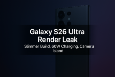 Galaxy S26 Ultra render showing thinner body, redesigned camera island, and a sleek back panel