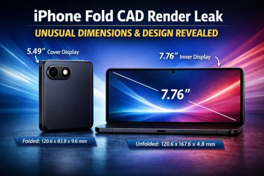iPhone Fold CAD render showing folded and unfolded dimensions