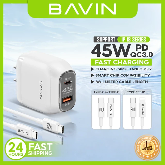 BAVIN PC2165 45W PD USB-C and USB Charger with Cable