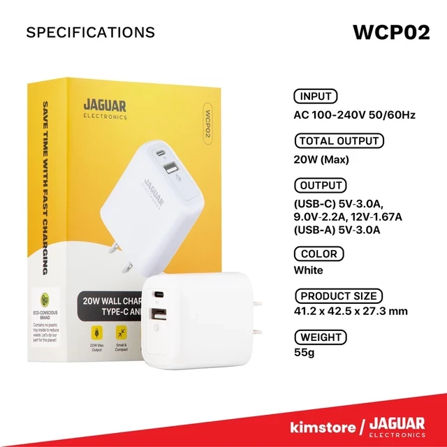 Jaguar Electronics WCP02 20W Type-C/USB-A Wall Charger